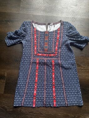 Embroidered Navy Blue Casual Tunic Top with Red Accents
